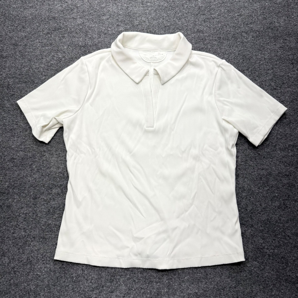 TravisMathew Womens White Ribbed Short Sleeve Split V-Neck Polo Shirt Size L